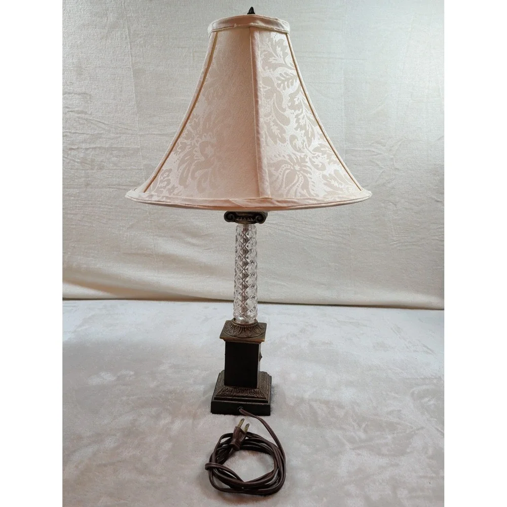 Vintage Crystal Column Table Lamp Bronze Pedestal Base Damask Bell Shade 21.5